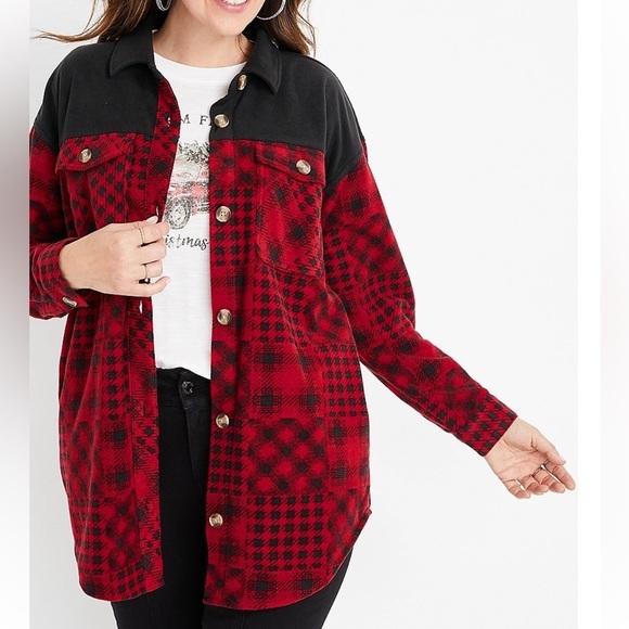 Maurices Red Patchwork Fleece Shacket - Picture 1 of 9
